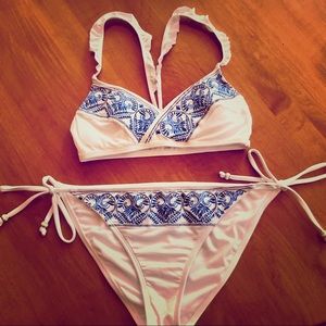 Roxy Blue and White Ruffle Bikini Set